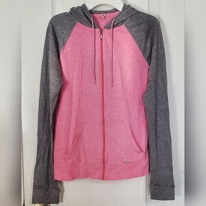 Under Armour Women's Zip Up Long Sleeve Lightweight Top w/hood Sz Sm Pink & Gray